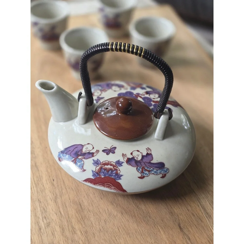 Vintage Japanese Ceramic Tea Set Karako Children Pine Tree Teapot and 4 Cups